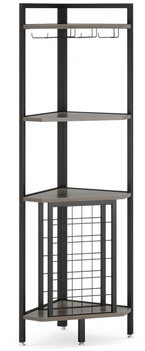 REDOM - Wijn-/drankkast voor hoekopstelling - Met glazenhouders - Open kast - Industrieel - Woonkamer en eetkamer - MDF en metaal - Grijs, Zwart - 161 x 40 x 40 cm