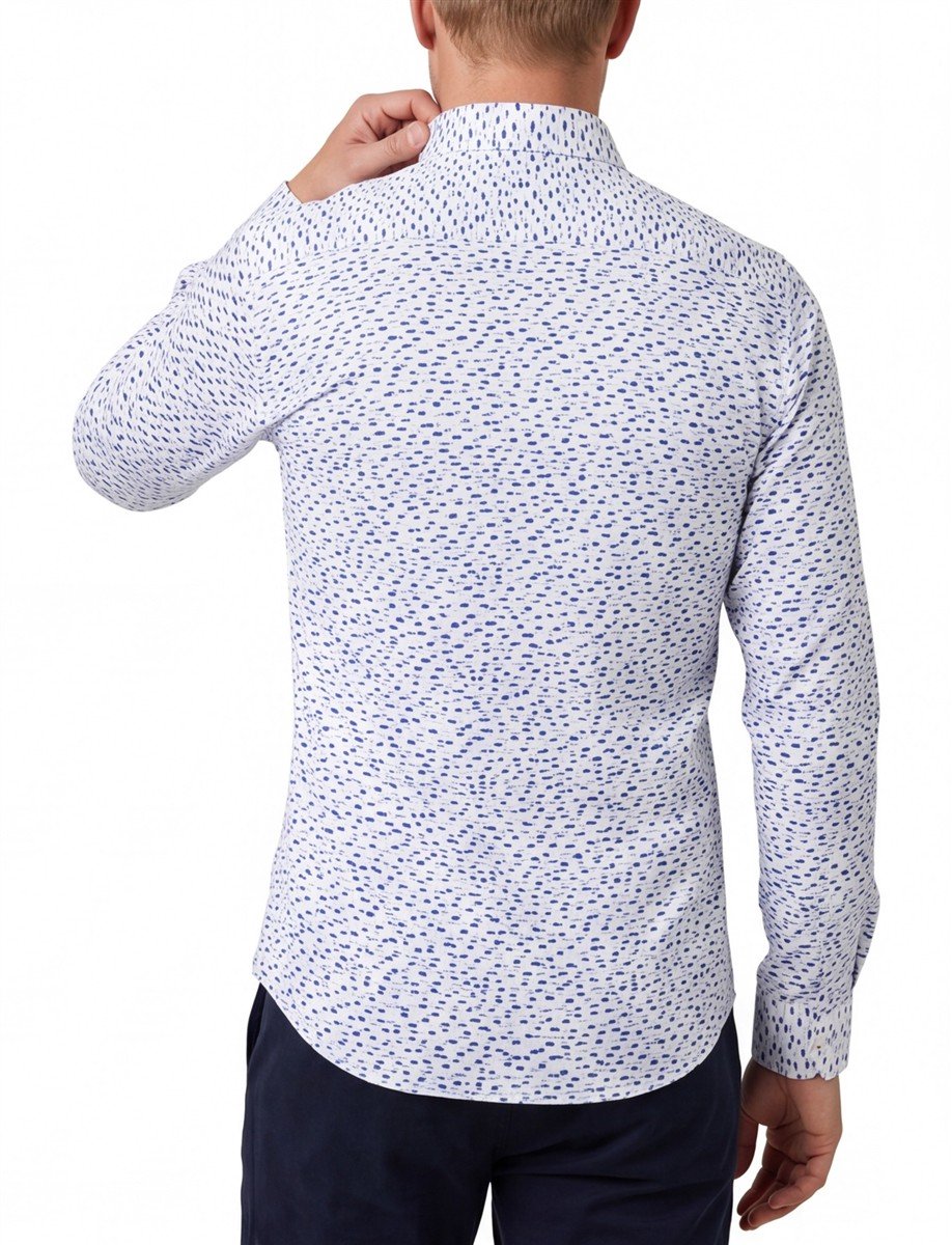 Ledub overhemd wit blauw geprint stretch