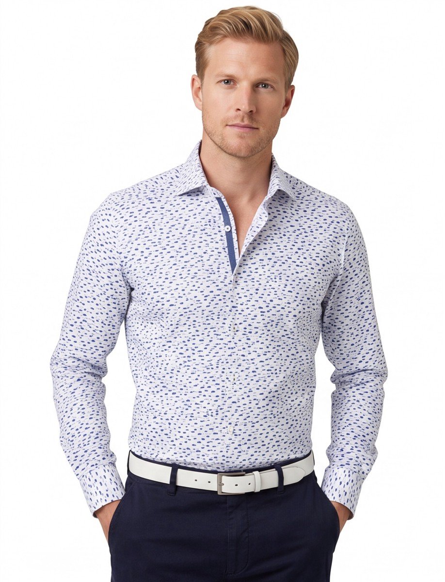 Ledub overhemd wit blauw geprint stretch
