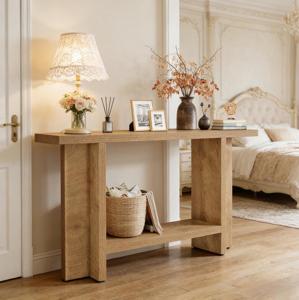 REDOM- Sidetable - Dubbele plank - Rechthoekig - Extra opbergruimte - Landelijke stijl - Hal en woonkamer - MDF - Bruin - 150 x 30 x 80 cm