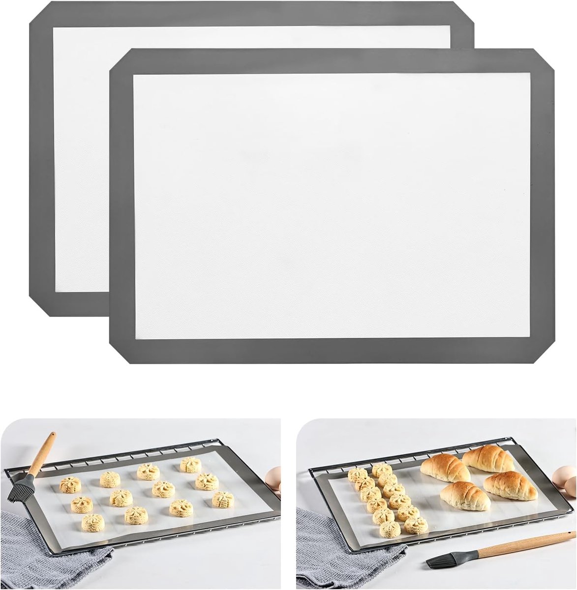 SnelShoppen - Set van 2 siliconen bakmatten 29,5 x 42 cm - Anti-aanbaklaag, duurzame bakfolie, herbruikbaar, BPA-vrij, briljant grijs voor keuken, bak