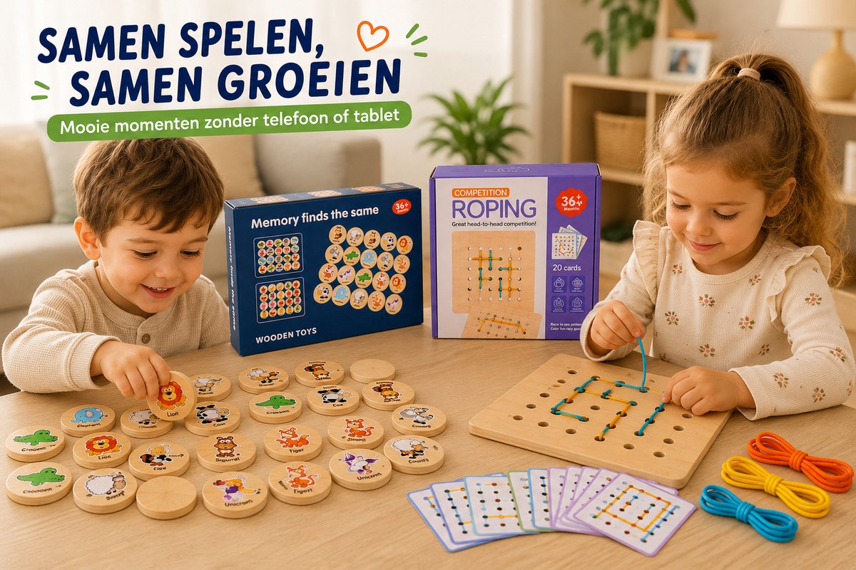 FAMPHOS Montessori Speelgoed vanaf 3 Jaar – 2-in-1 Houten Memoryspel en Rijgspel – Educatief Speelgoed voor Geheugen, Concentratie en Fijne Motoriek — afbeelding 7