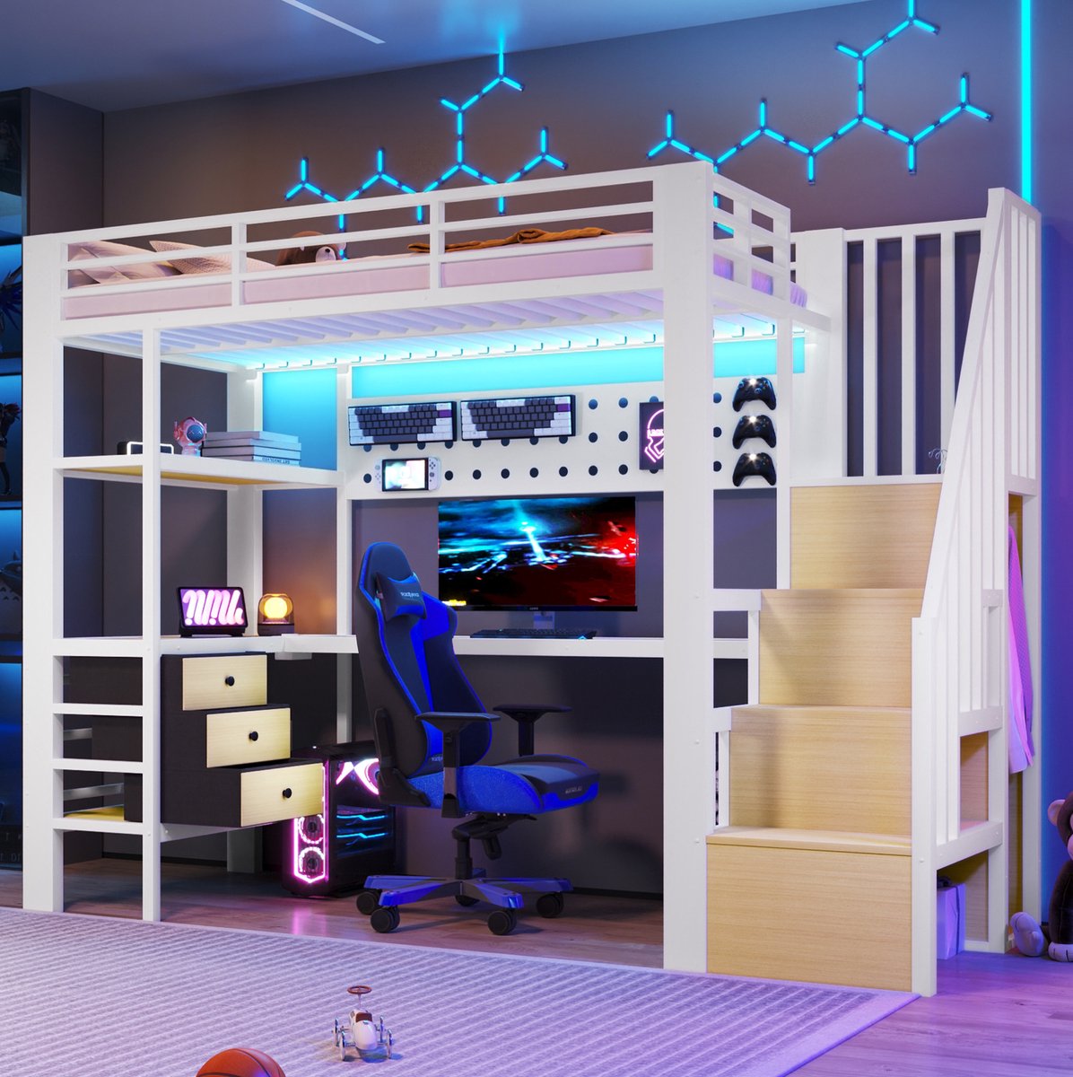 DESMIU Hoogslaper 90x200 cm – Met Bureau en Opbergruimte – Drie Lades en Wandpaneel – Metaal en MDF – Wit – Zonder Matras
