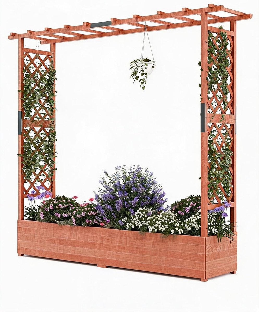 Houten Plantenbak met Klimrek en Pergola - 196 x 44 x 182 cm - Verhoogde Moestuinbak met Afwatering & Hangdak - Massief Hout - Voor Klimplanten, Bloemen en Groenten - Tuin & Balkon
