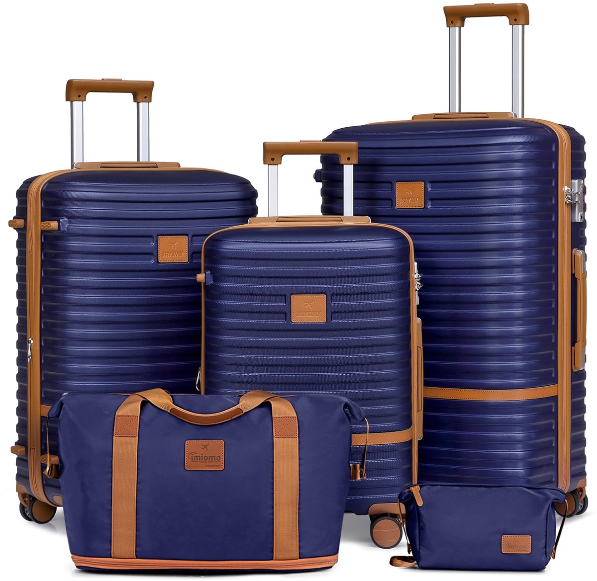 SnelShoppen - Joyway Reiskoffer Set - ABS Kunststof Handbagageset met Uittrekbaar Handvat, TSA-slot en 4 Wielen, Marineblauw/Bruin, Inclusief Reistas