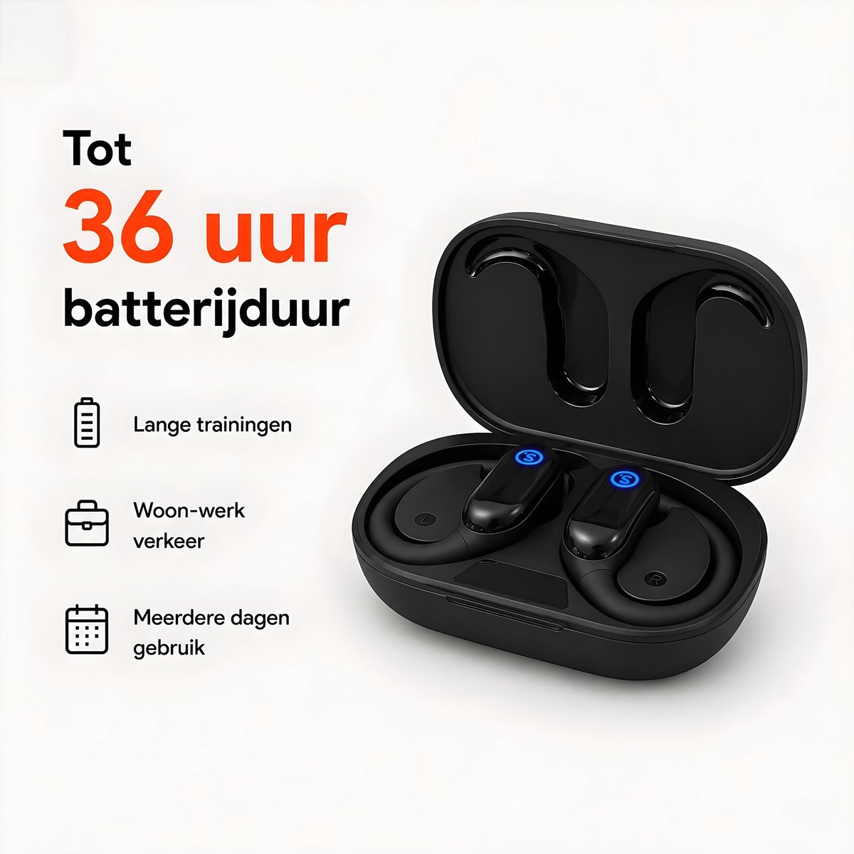 Sonume Sport Pro draadloze sportoordopjes met oorhaak, IPX7 en 36 uur met oplaadcase thumbnail 4