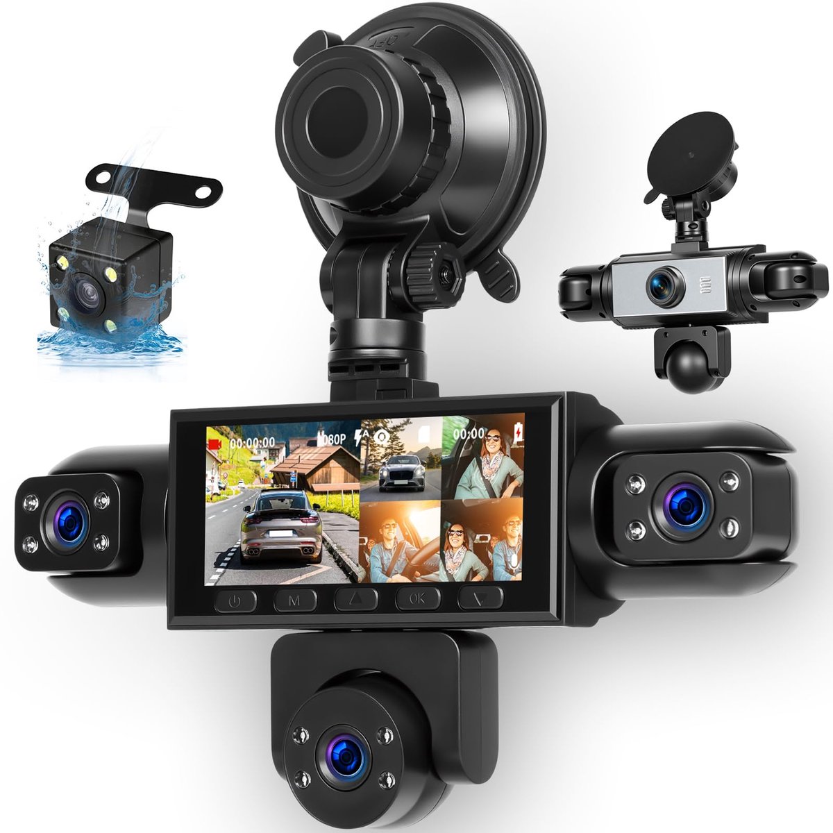 SnelShoppen - 5 Kanaals 1080P Dashcam Voorzijde Achterzijde Binnenkant met 3,16" IPS Scherm - Auto Veiligheid Camera met Nachtzicht en Bewegingsdetect