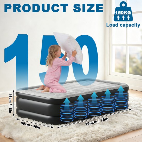 Luchtbed 1 Persoon - Zelfopblazend Luchtmatras met Elektrische Pomp - 187x90x46 cm - Comfortabel Logeerbed & Campingbed met Draagtas — afbeelding 4