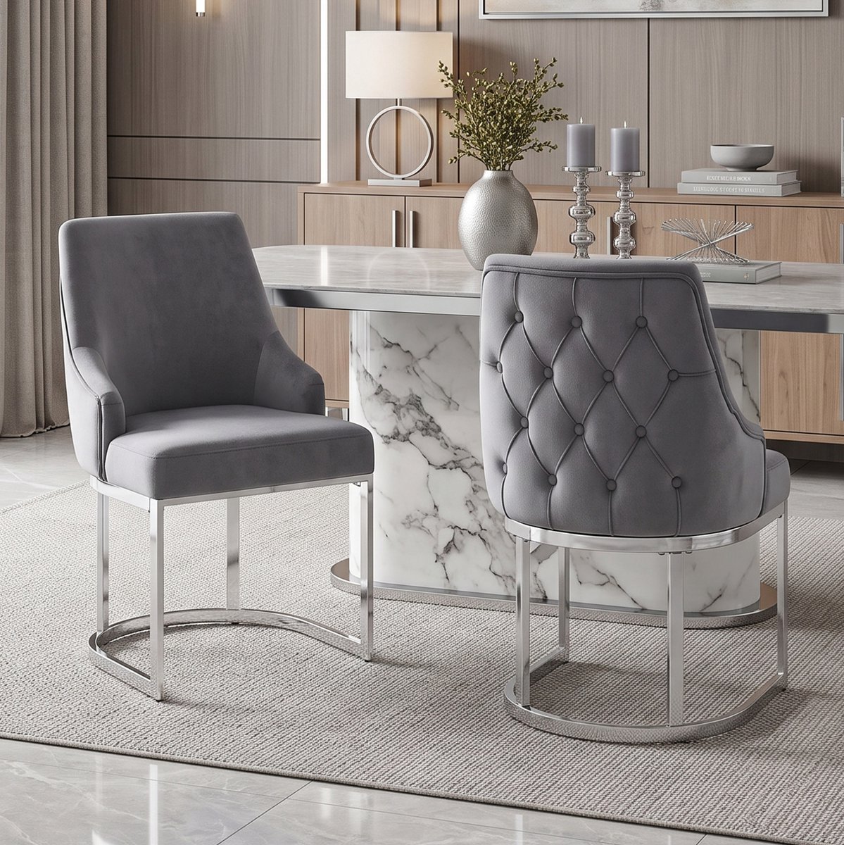 HAUSS SPOLE Eetkamerstoel - Luxe Velvet Design - Set Van 2 - Met Armleuningen En Gecapitonneerde Rugleuning - Voor Eetkamer En Woonkamer - Metaal Grijs Zilver