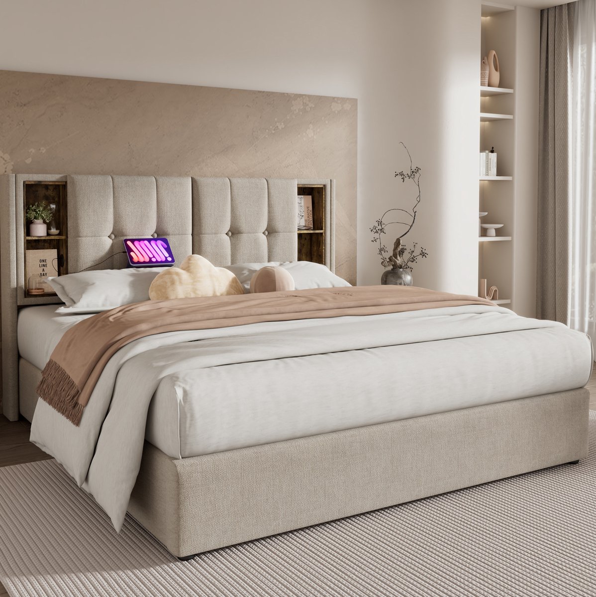 COVREO Bed 180x200 cm naturel, stof met opbergruimte en draadloos laden