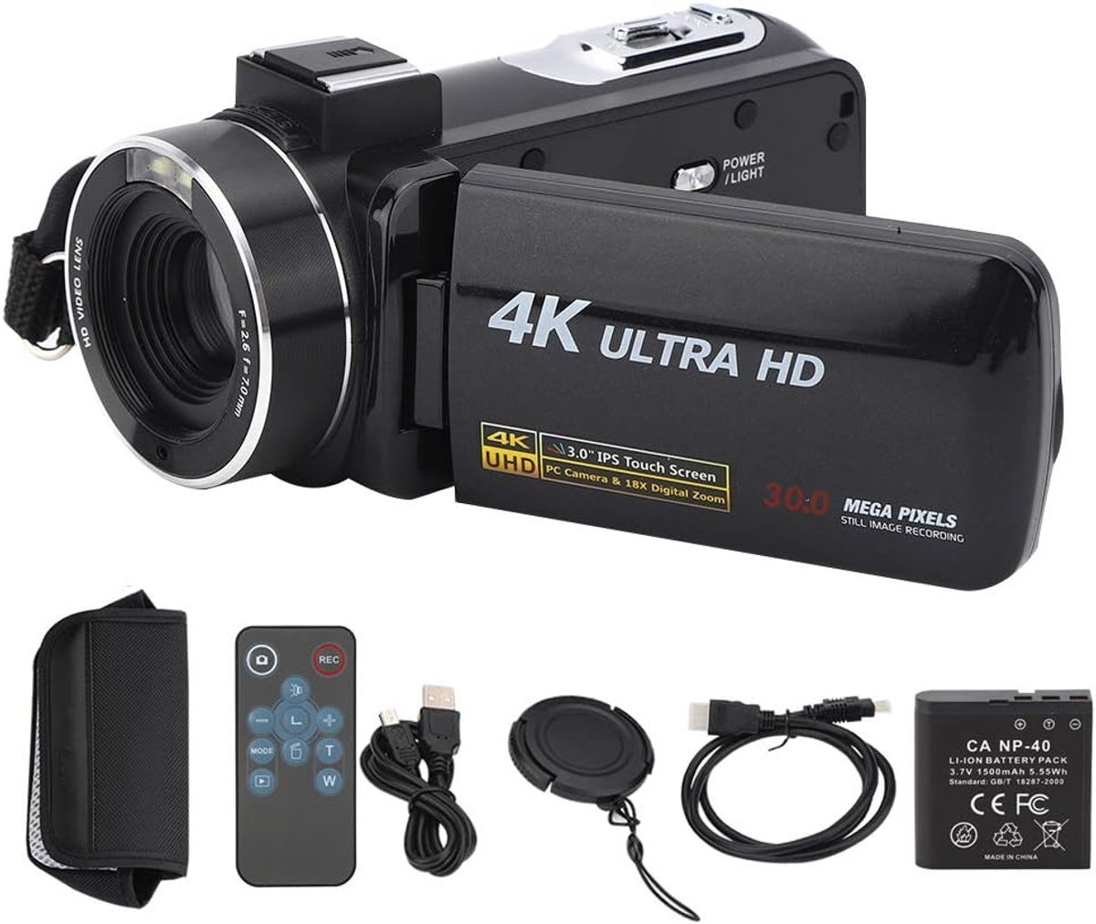 SnelShoppen - 4K Digitale Videocamera met Anti-shake, 18X Zoom en 3-inch IPS Aanraakscherm - Perfect voor Feesten, Camping en Kinderen