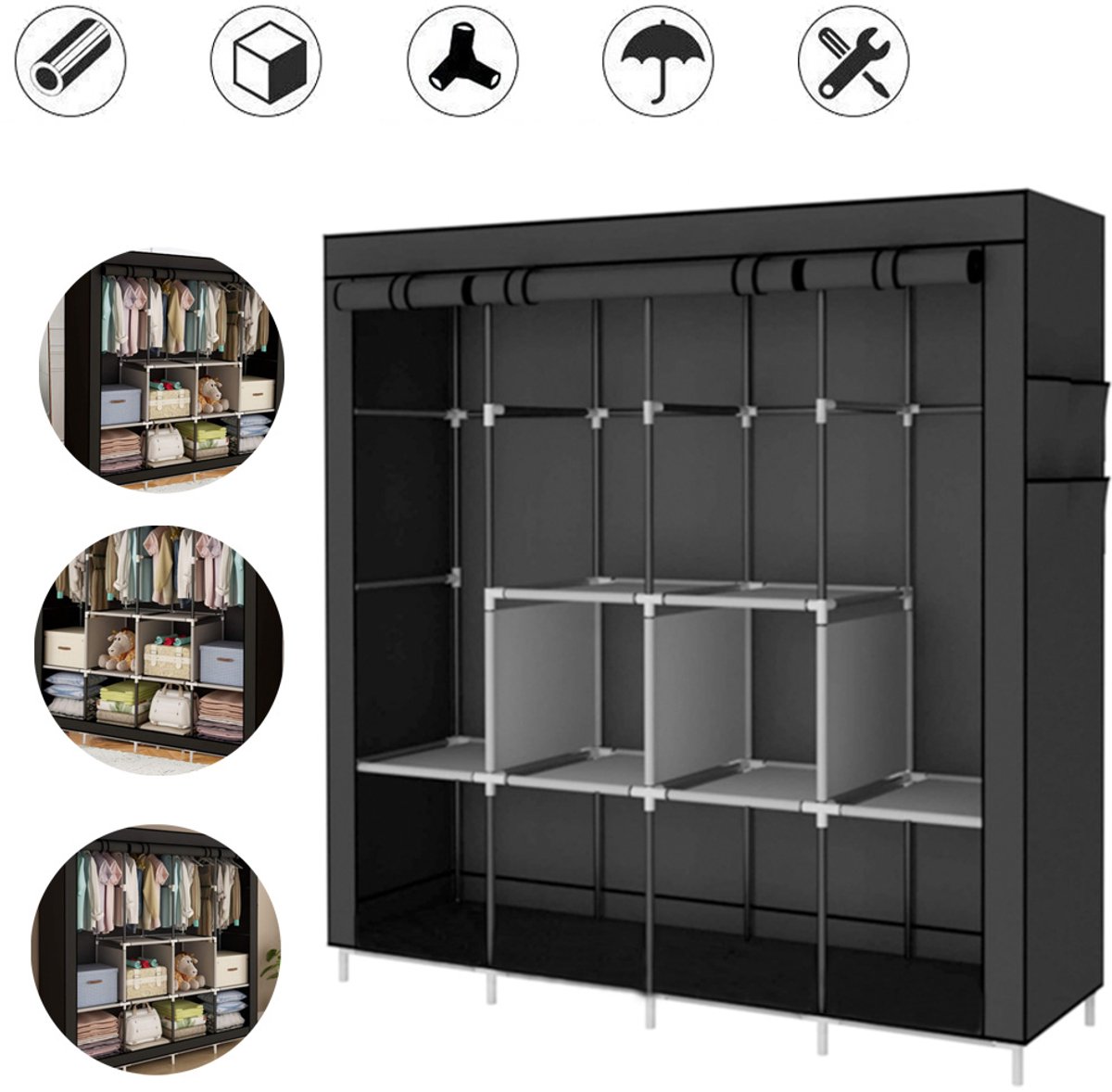 Grote Stoffen Kledingkast 163x163cm Met 14 Planken En Deuren Met Ritssluiting - Stevig Metalen Frame Waterdicht PE Draagbaar - Ideaal Voor Kleding, Schoenen En Accessoires