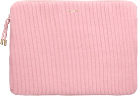 Housse d'ordinateur portable rose en velours côtelé Selencia avec logo doré et fermeture éclair avec cordon.