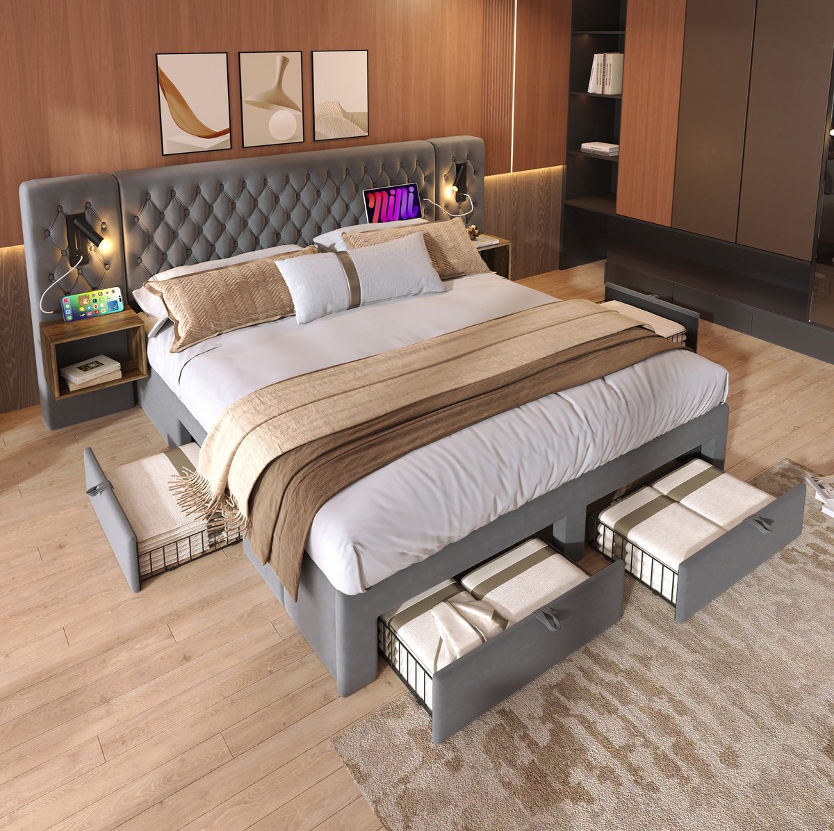 DESMIU Bed 180x200 cm – Tweepersoonsbed Met Leeslampen En USB Oplaadfunctie – Met 2 Nachtkastjes En 4 Lades – Voor Slaapkamer – Fluweel – Grijs – Zonder Matras