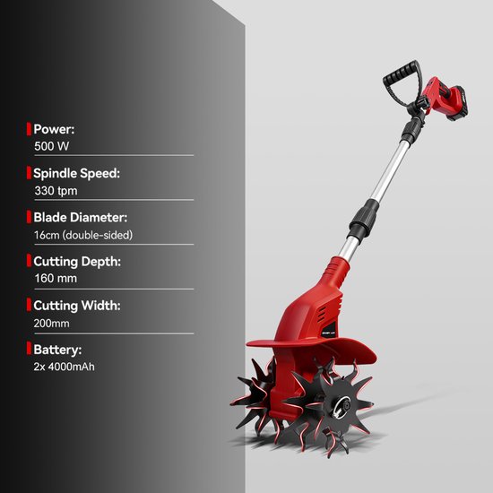 ONEVAN Accu Grondfrees - Elektrisch Tuinfrees - 330 tpm - met 2x Accu's - Draadloze Motorhak - 15 cm werkdiepte - 20 cm werkbreedte van ONEVAN — afbeelding 2
