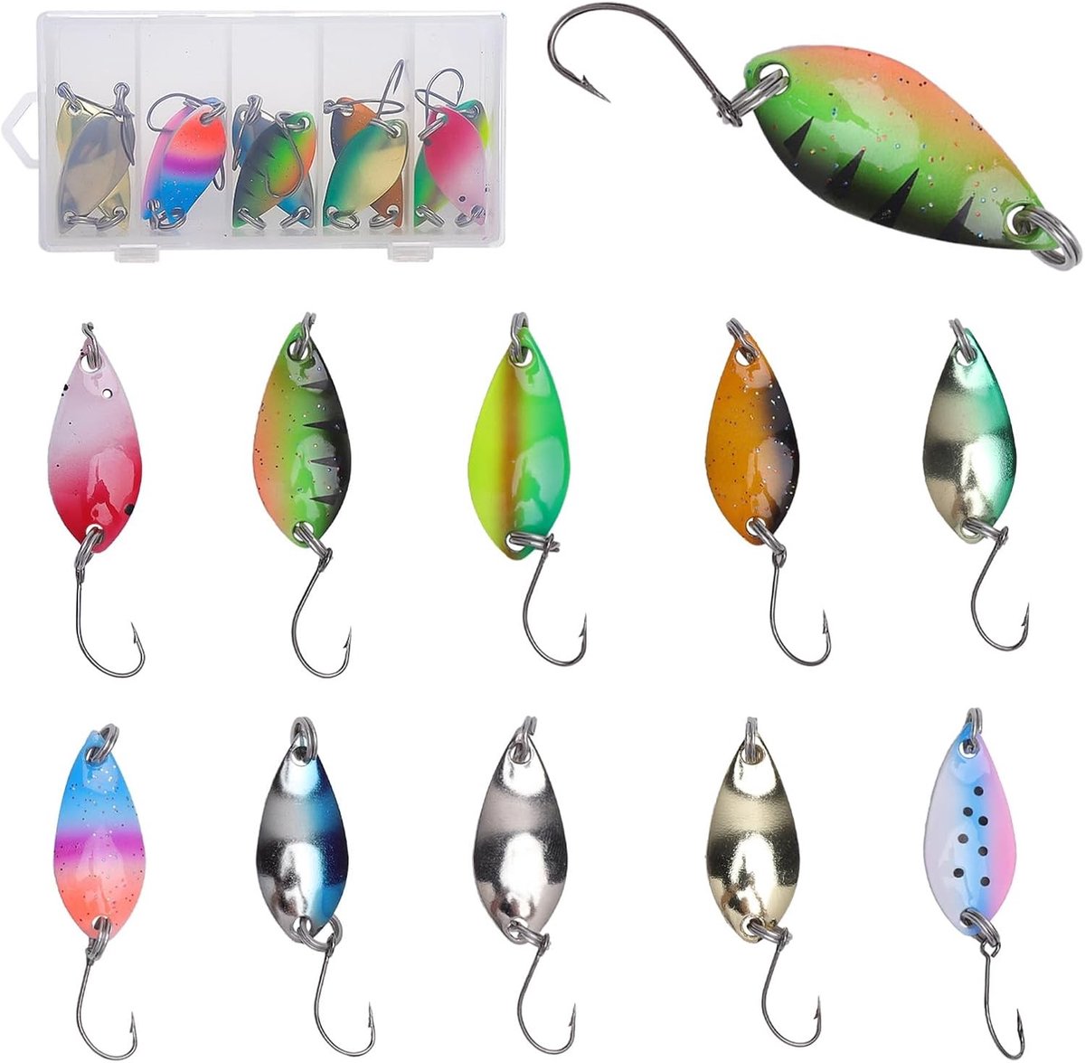 Vissersset met 10 Stuks Lepels voor Forel, 2.5g/3.5g/5g, Inclusief Haakjes en Opbergdoos, Perfect voor Snoek, Zander en Baars