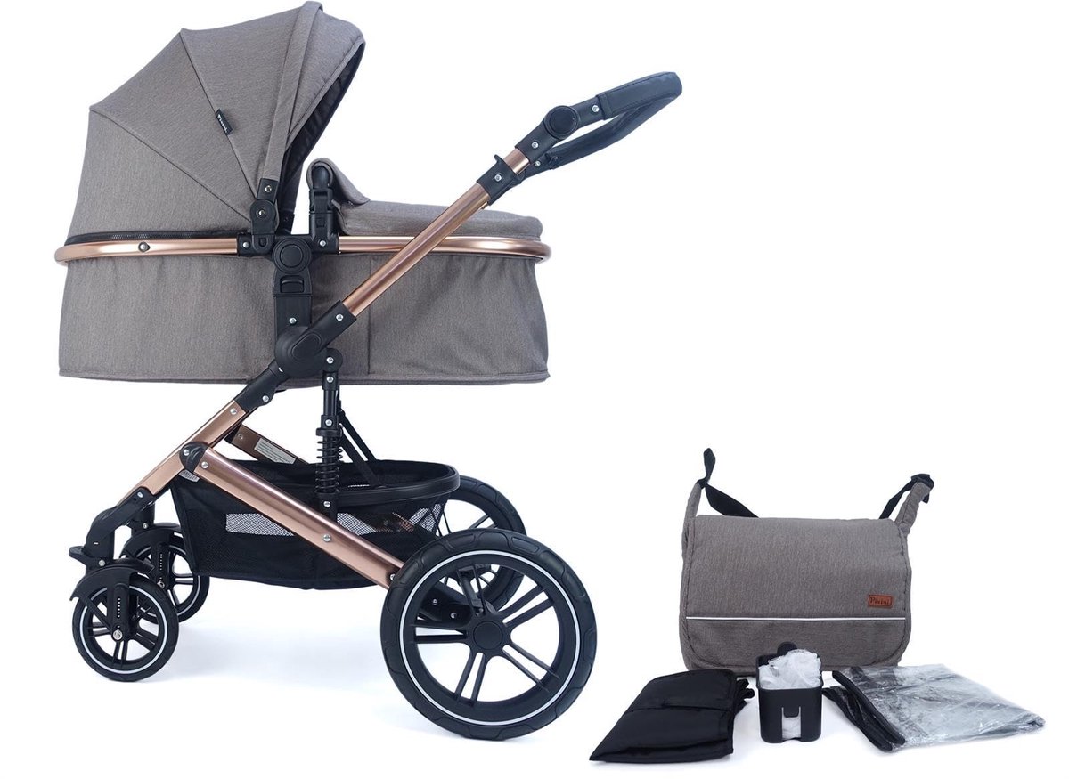 SnelShoppen - Luxueuze Pixini Neyla Combi Kinderwagen met Stoffen Kuip, Buggy, Luiertas, Drankhouder, Regenzeil, Muggennet en Aankleedkussen in Goud/B