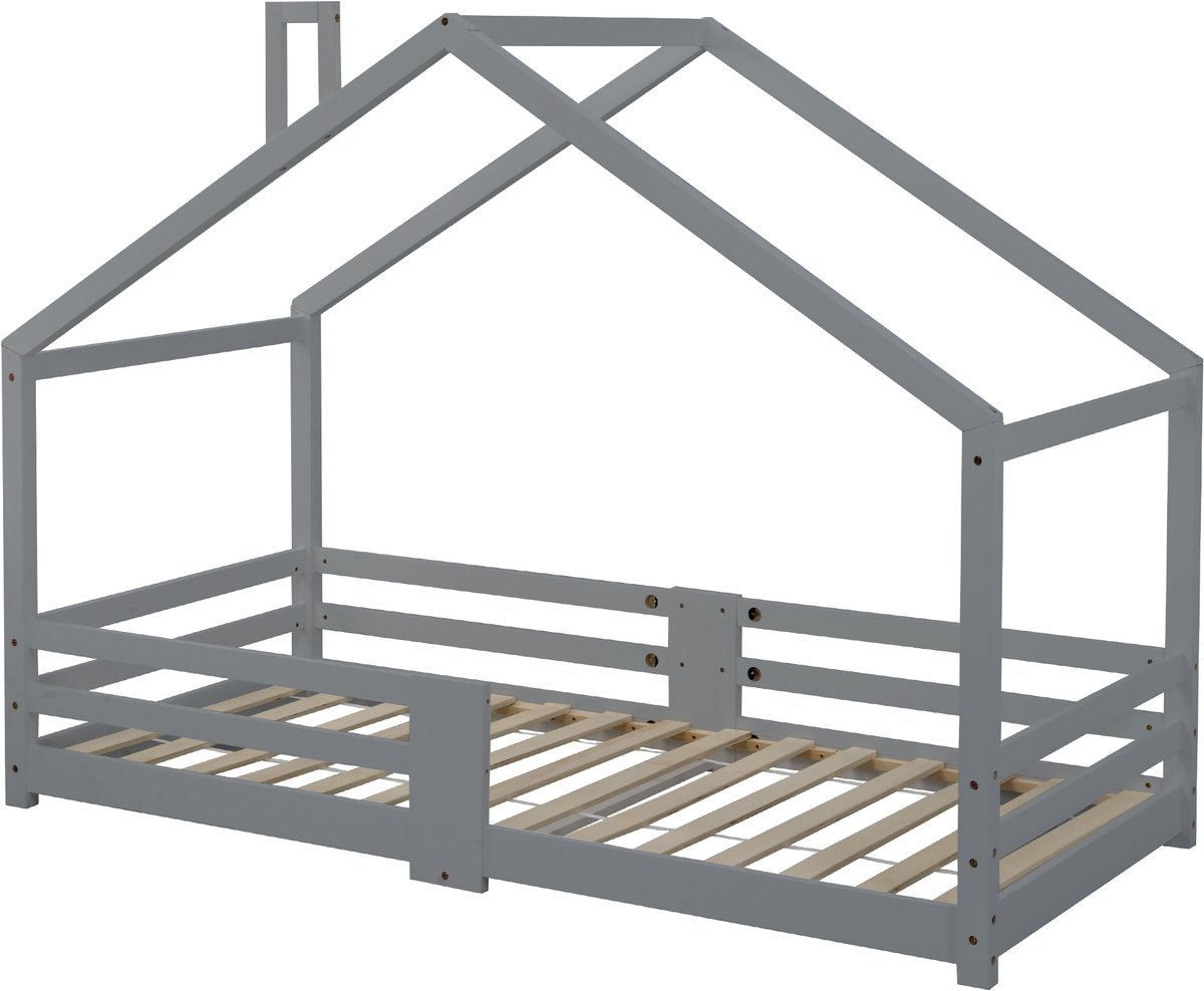 Kinderbed Huisbed - Met Uitvalbeveiliging en Schoorsteen - Massief Grenenhout - 90x200 cm - Grijs