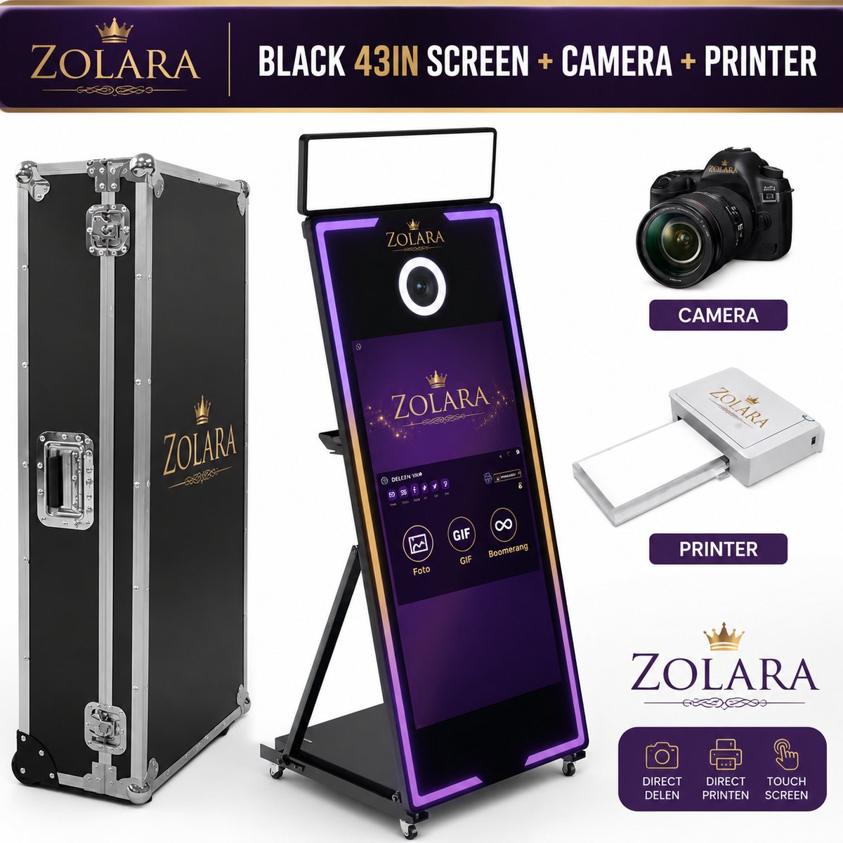 Zolara Spiegel PhotoBooth 43” – Magic Mirror - Inclusief camera en printer – Complete Professionele photobooth - Touchscreen LED - Interactieve Spiegelfotocabine - Touchscreen - Fotospiegel - Photo booth - Zwart