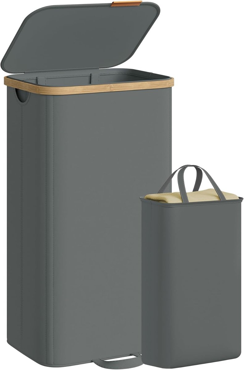 SnelShoppen - Wasmand met Deksel, Wasverzamelaar, Uitneembare Waszak, Bamboeframe, 100 Liter, Leigrijs, Voor Bijkeuken, Slaapkamer, Ruimtebesparend, S