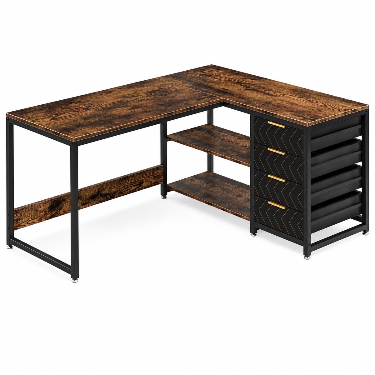Brandistry - Computerbureau - L-Vormige Computerbureau - Bureau - Met Opbergladen - Omkeerbaar L-Vormige Bureau - Zwart - Houtlook