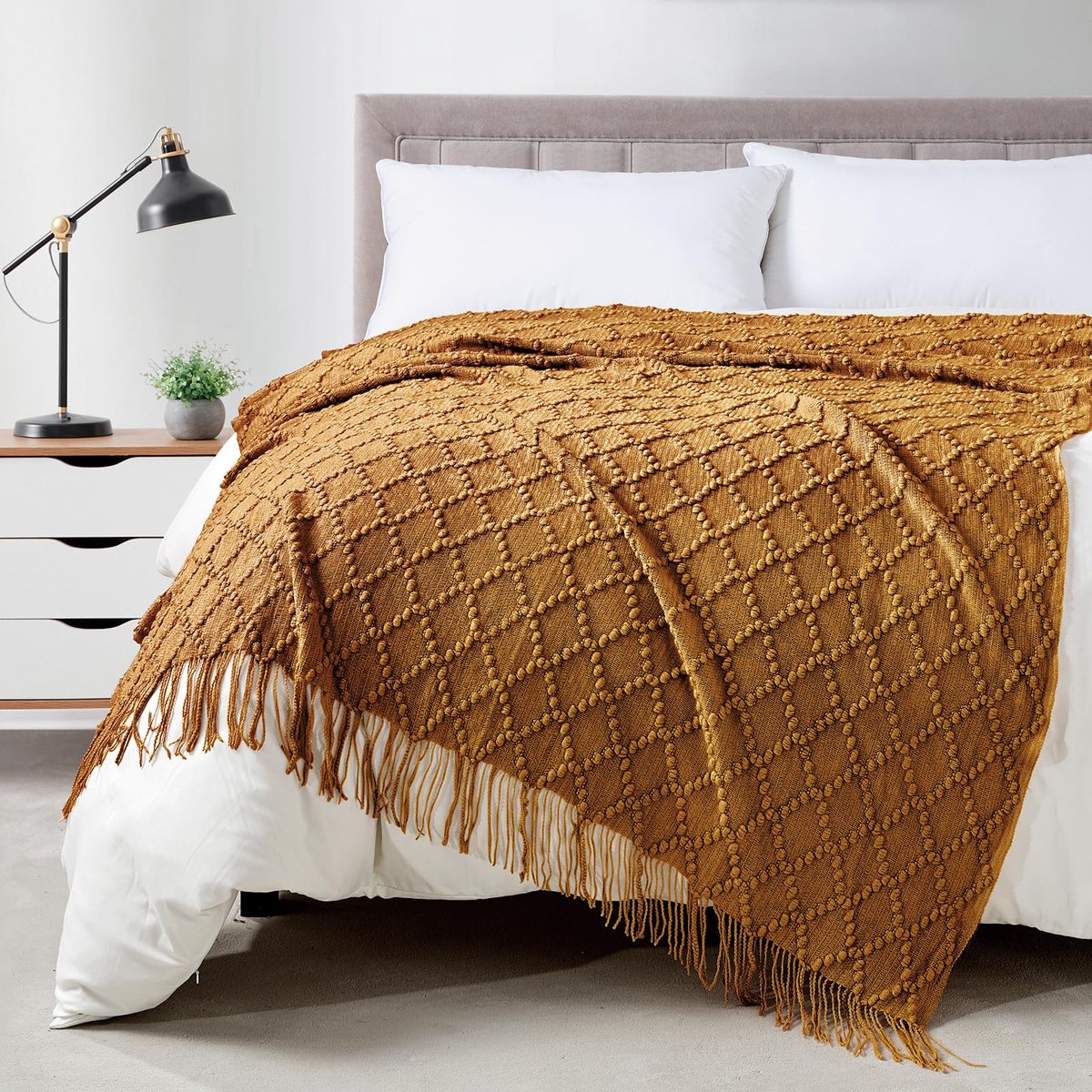 SnelShoppen - Amandeldeken 127 x 178 cm Jacquard Argyle-Plaid, Zachte Gebreide Deken voor Bank of Bed, Decoratieve Plaids in Effen Kleur voor Feest, C