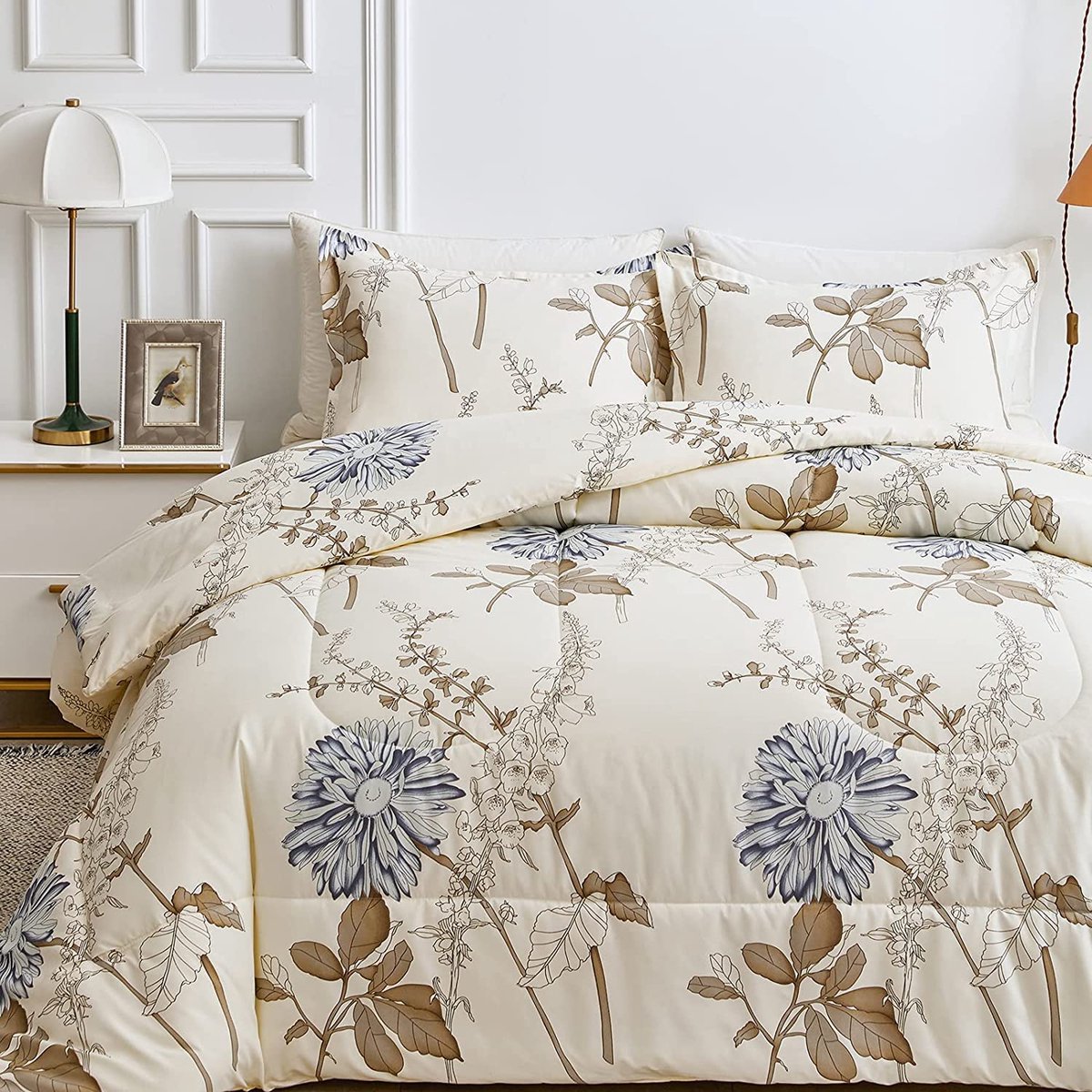 SnelShoppen - Dekbed 135 x 200 cm 4 seizoenen Beige Bloemenpatroon Allergievriendelijk met Kussensloop 80 x 80 cm Slaapdeken Deken voor Comfort en Gez