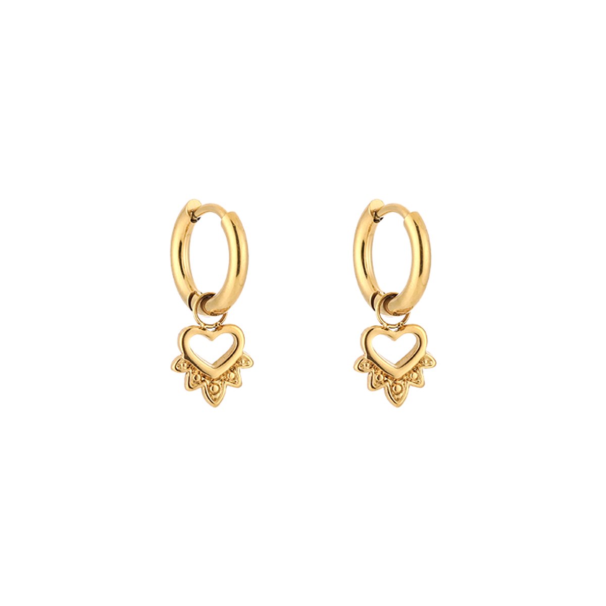 Stainless Steel Boho Radiant Heart Charm Hoops – Luxe Boho Hartje Bali Oorringen – RVS - Goud