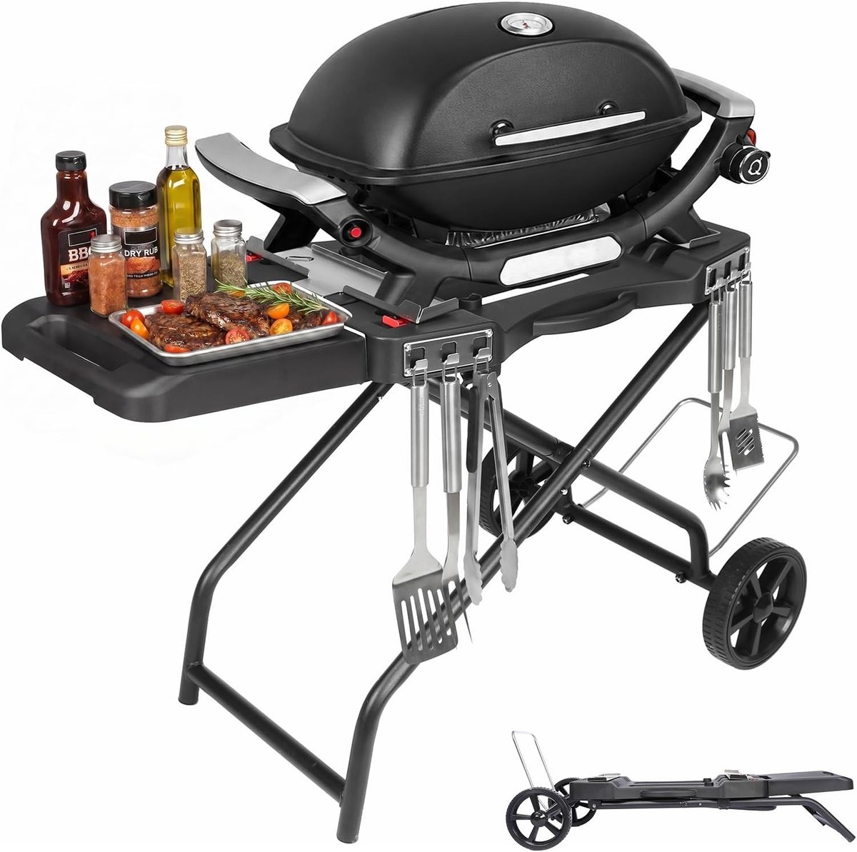 Draagbare Grill Trolley met Wielen voor Weber Q1200 Q1000 Q2200 en Blackstone - Vouwbare Grillstand voor Buiten, Ideaal voor Barbecue en Kampeeruitjes, 43 cm en 56 cm
