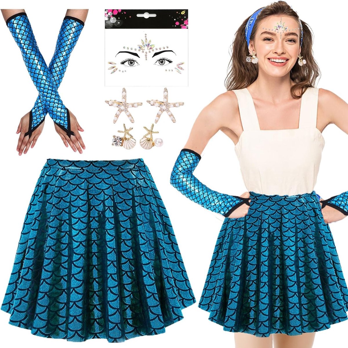 Glanzend zeemeermin kostuum voor vrouwen en meisjes met schubbenrok, sterfishaarspelden, zeemeerminnenhandschoenen, schelpearrings en gezichtstickers voor verjaardag en carnaval