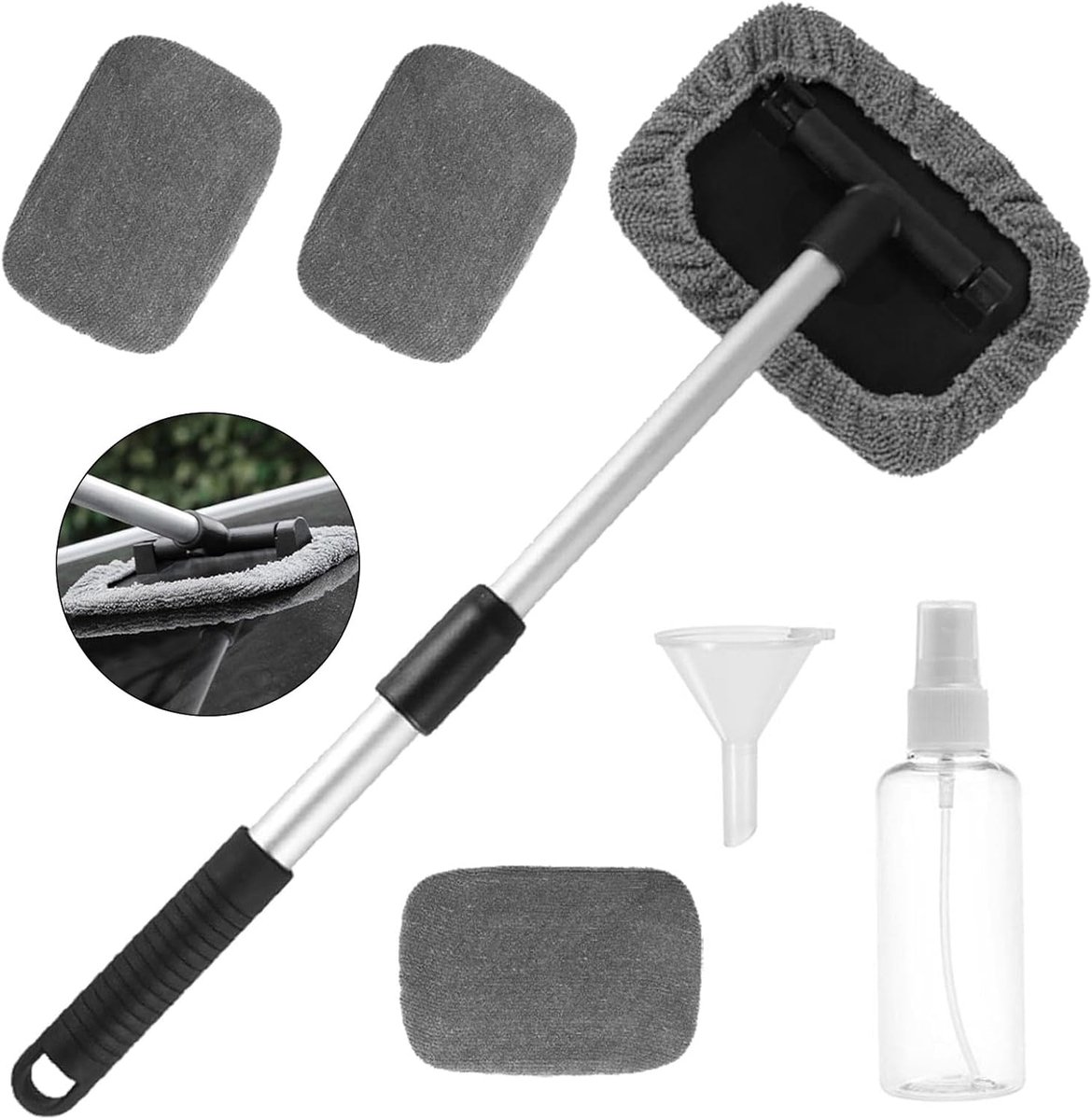 SnelShoppen - Auto voorruitreiniger met 36 cm telescoopsteel en 4 microvezelpads | Autoruiten reiniger, binnenreiniger, microvezel, reinigingsborstel,