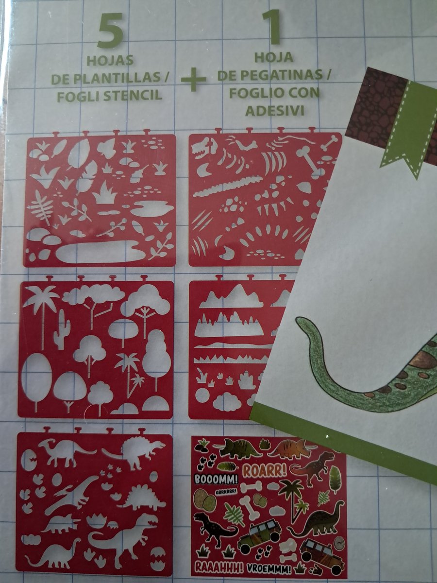 Crelando Sjablonen boek dinosauruswereld - 1 schetsboek - 5 sjablonen - 36 vellen met patronen en 1 stickervel