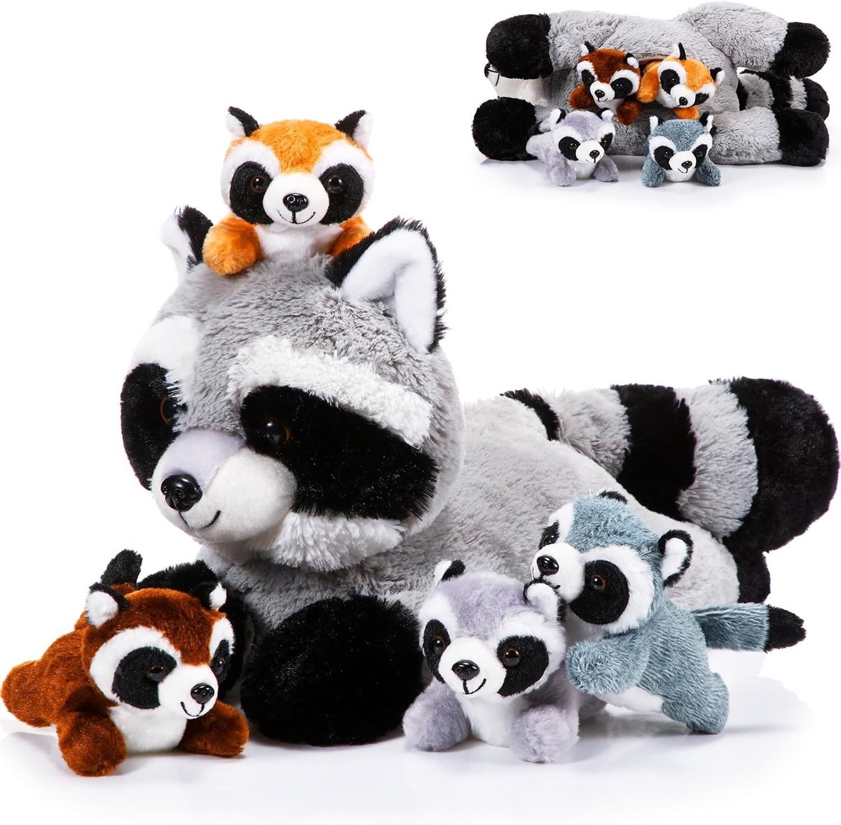 Set van 5 Stukken: Schattige Pluche Mama Wasbeer met 4 Baby's in de Buik - Zachte Knuffel voor Kinderen, Verjaardagscadeau, Bosfeest, Speelgoed voor Jongens en Meisjes