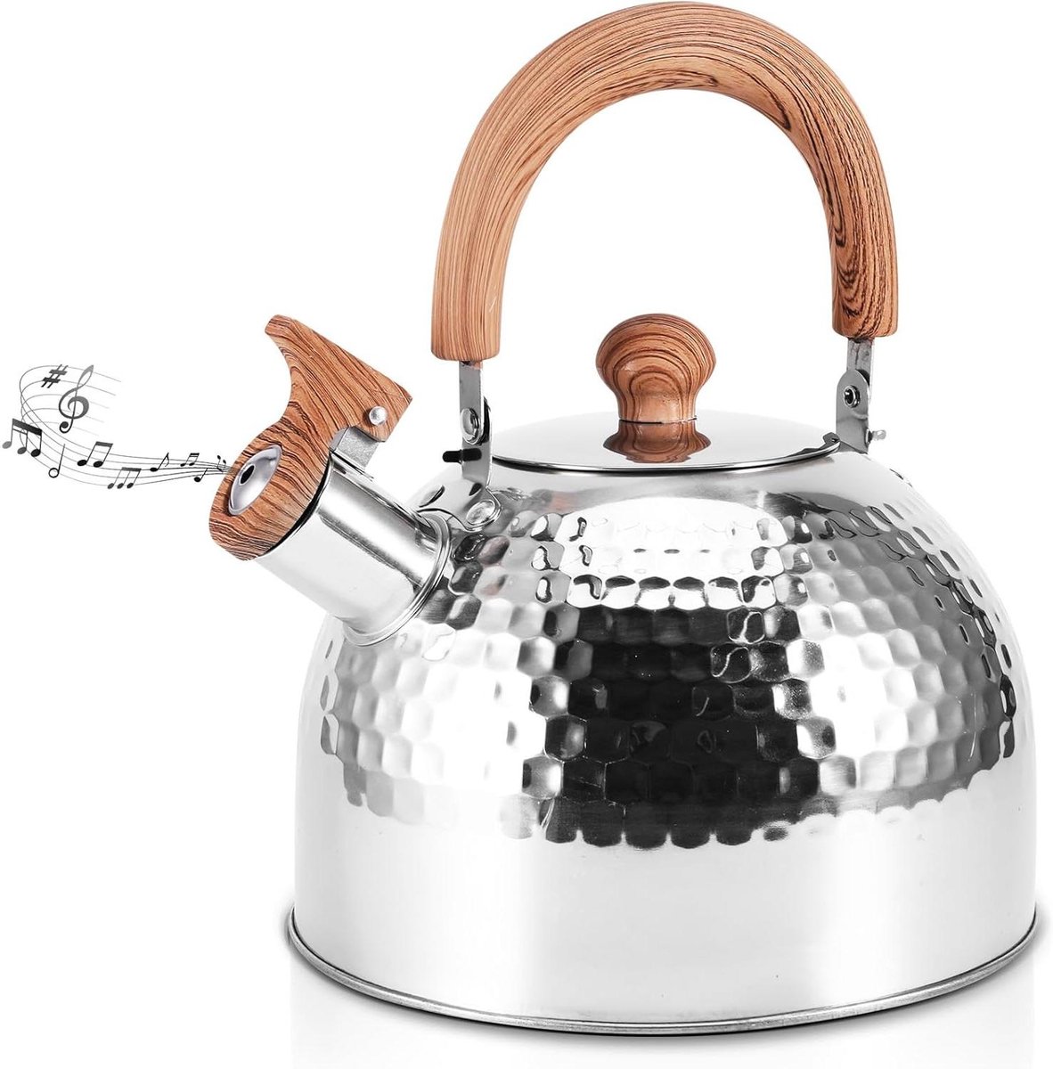 Waterketel Roestvrij Staal - Fluitketel Theepot - Water Koken - Gehamerd Design Houtgreep - 2 Liter - Zilver