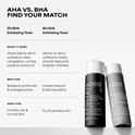Vergelijking van Paula's Choice 2% BHA Exfoliating Toner en 8% AHA Exfoliating Toner, met afbeeldingen van beide producten.