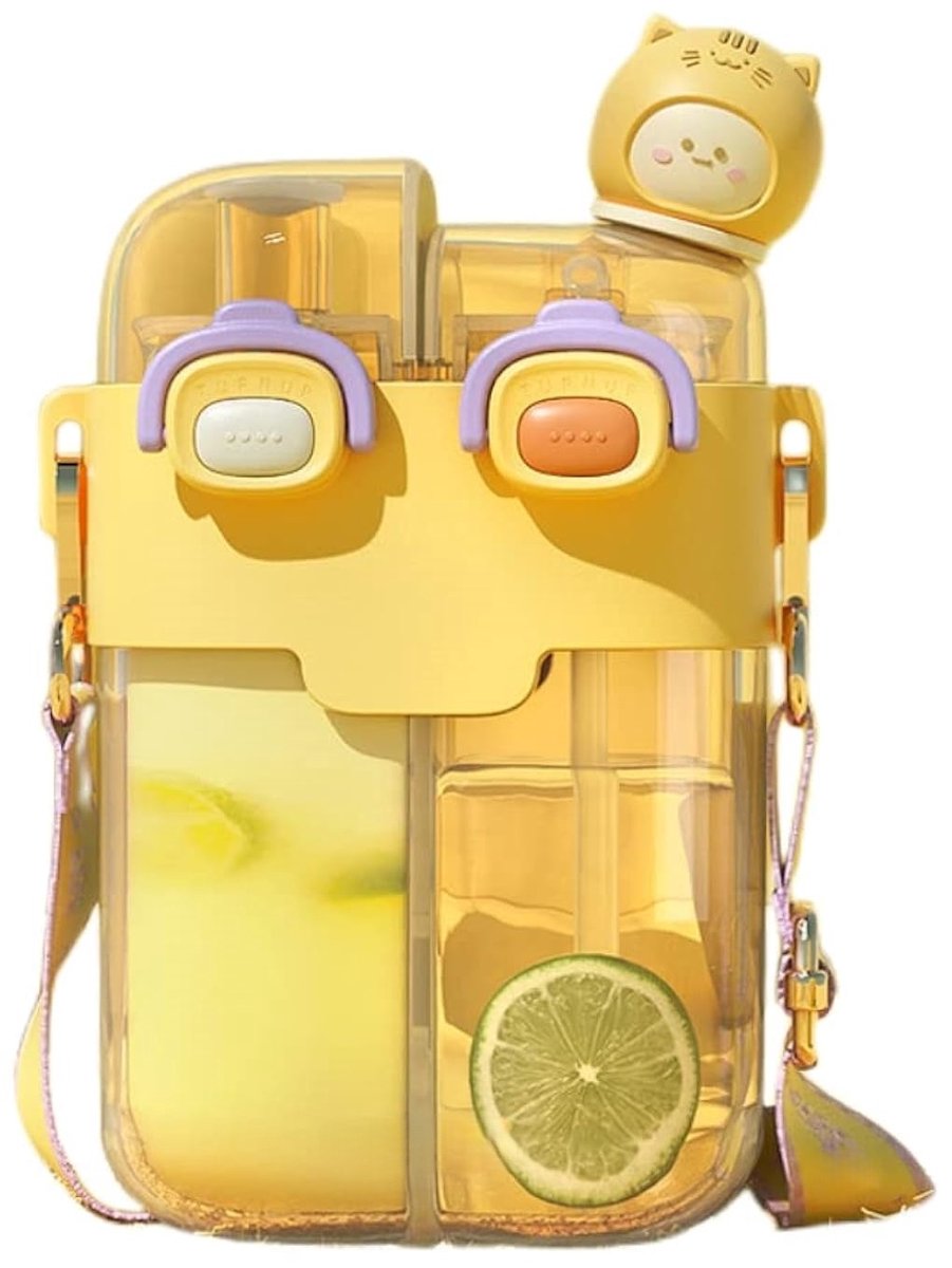 QTTVBTNA -Kawaii Waterfles - Schattige Creatieve Fles - Drinkbus - 750 ml Capaciteit - Twee Manieren Om Te Drinken - BPA-Vrij Kunststof - Lekvrij Ontwerp - Ideaal Voor Onderweg - 1 Stuk - Geel