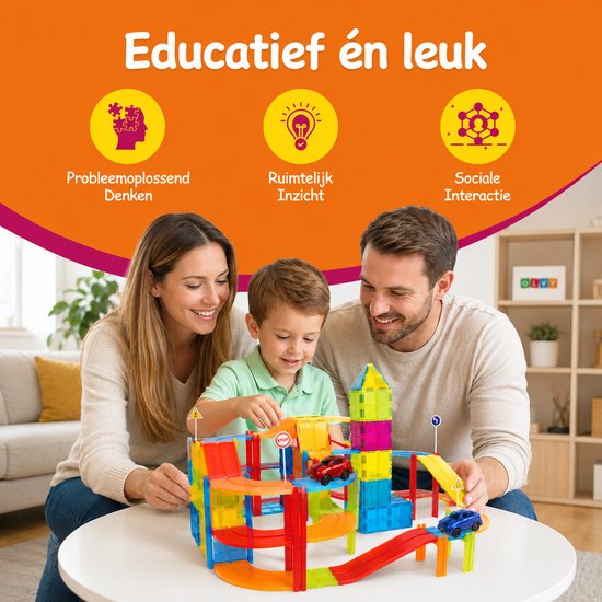 Een gezin bouwt samen aan een magnetische racebaan met auto's. De tekst "Educatief én leuk" staat bovenaan.