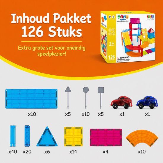 Inhoud van de set: magnetische tegels, auto's, en accessoires. De verpakking toont de set. Tekst: "Inhoud Pakket 126 Stuks".