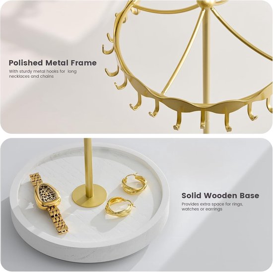 Rotating Kettinghouder met Metalen Haken, Draaiende Caroussel, Vrijstaande Organizer voor Lange Kettingen - Goudkleurig en Stijlvol Accessoire — afbeelding 2