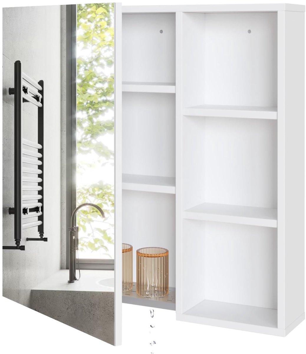SnelShoppen - Mondriaan Spiegelkast voor Badkamer - Wandkast met Spiegeldeur, 5 Verstelbare Planken, Afdruiprek, Ruimtebesparend, Moderne Stijl, 65x15