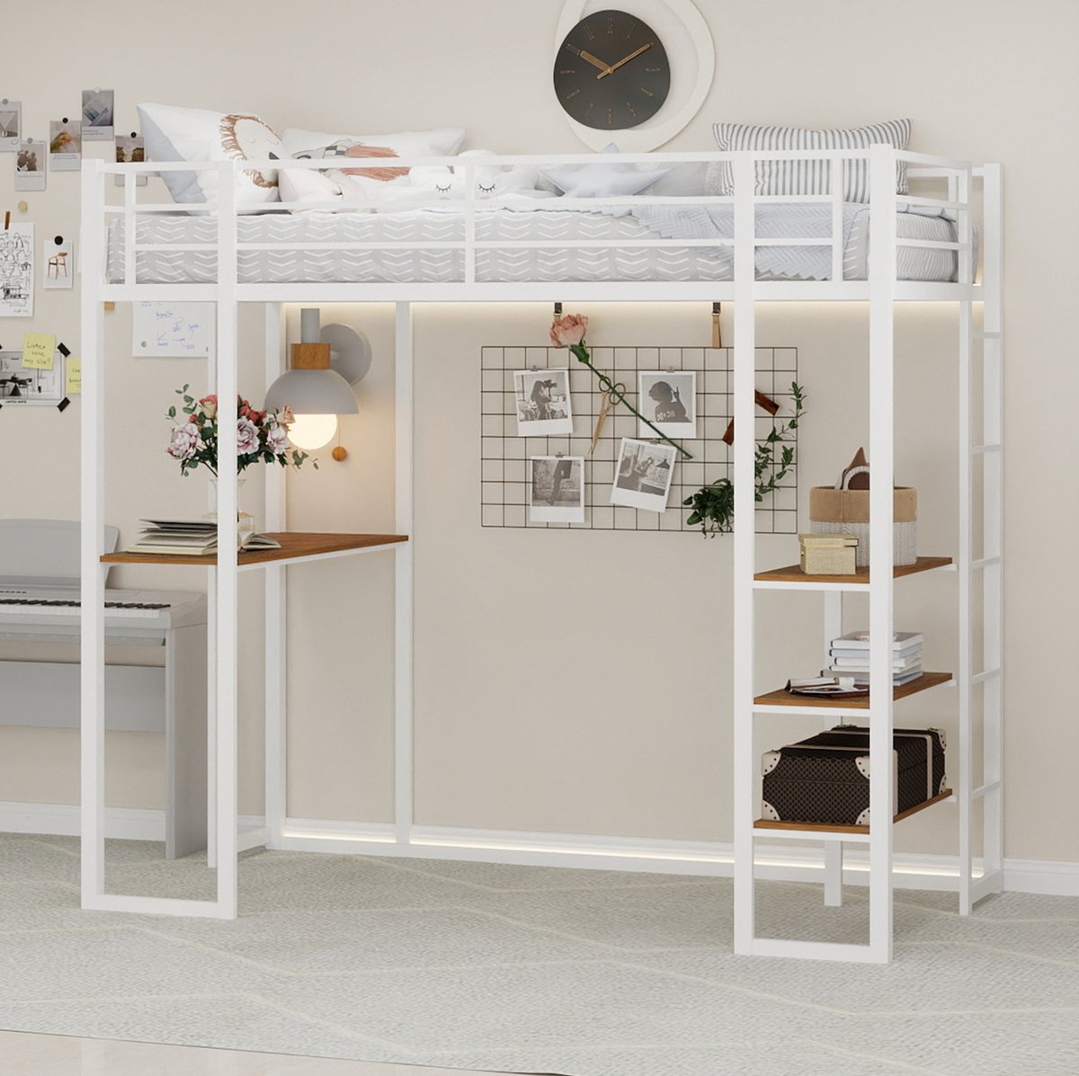 COVREO Hoogslaper met bureau en opbergruimte – 200x107x180 cm – Metalen bedframe voor kinderkamer en jeugdruimte – Wit - zonder matras
