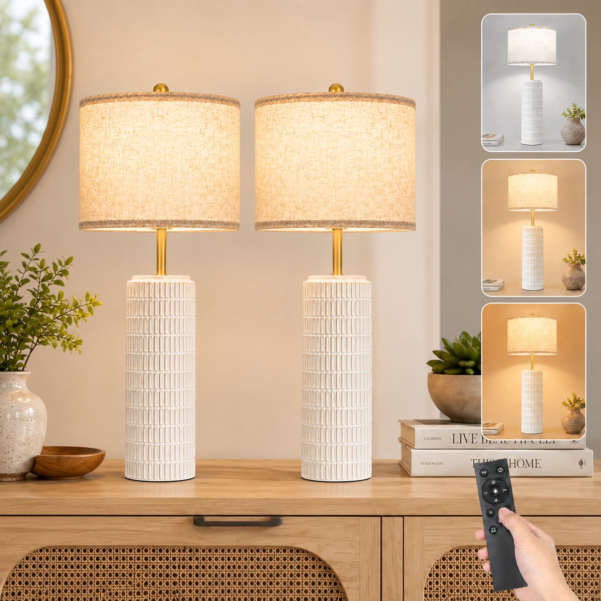 MUPOO ModernTafellampen Keramiek met Linnen Lampenkap - Dimbare Bedlamp met Afstandsbediening- 3 Lichtkleuren & 9W LED - Timer Geheugenfunctie - leeslamp Voor Slaapkamer, Woonkamer en Nachtkastje - Wit-2 stuks