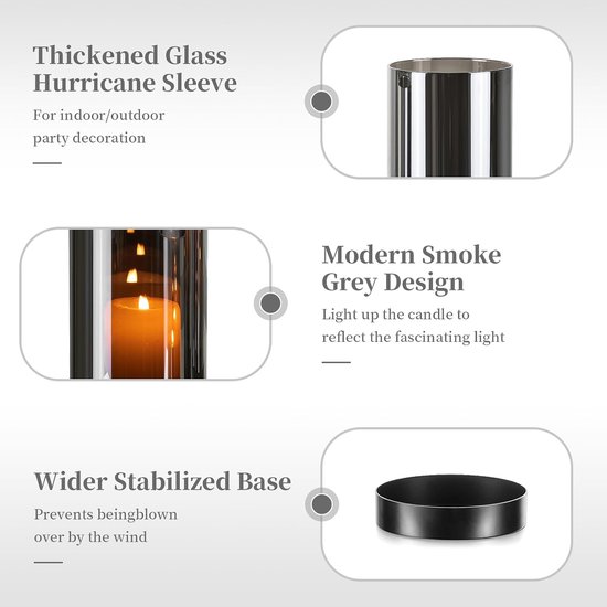 Diagram van een glazen windlicht met een dikke glazen sleeve, een modern rookgrijs ontwerp, en een bredere gestabiliseerde voet.