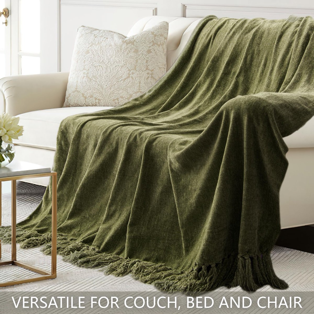 SnelShoppen - LONG CREATE Chenille plaid voor bank 152 x 80 cm, zachte knusse deken met franjes en kwastjes, lichtgewicht gebreide boho-deken in olijf