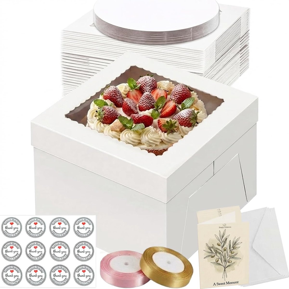 Taartdozen met venster en ronde taartplanken - 10 sets voor verjaardag, bruiloft en geschenken, inclusief stickers en gouden band, 30,5 x 30,5 x 20,3 cm