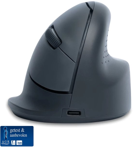 Grijze, ergonomische verticale muis met AGR keurmerk op witte achtergrond.
