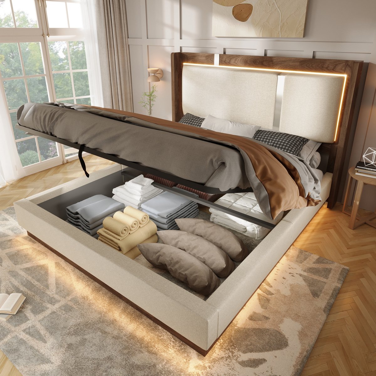 Wishdor Tweepersoonsbed 140x200 cm - polsterbed met lattenbodem, ledverlichting en opbergruimte - beige en walnoot - zonder matras