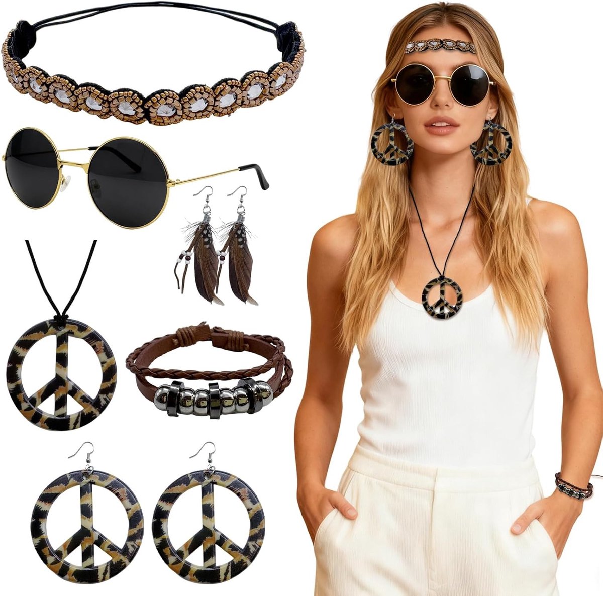 6 Stuks Hippie Jaren 70 Kostuumsets voor Vrouwen met Vrede Ketting, Oorbellen en Hoofdband, Perfect voor Feestjes en Thema-avonden