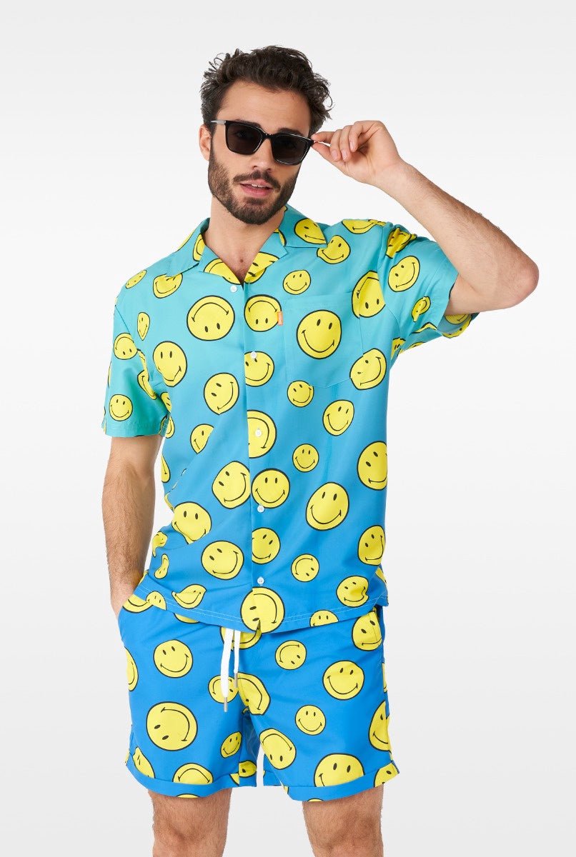 OppoSuits Smiley™ Summer Fade Heren Zomer Set  - Bevat Shirt En Shorts - Tropische Zwem Kleding - Blauw - Maat XXL