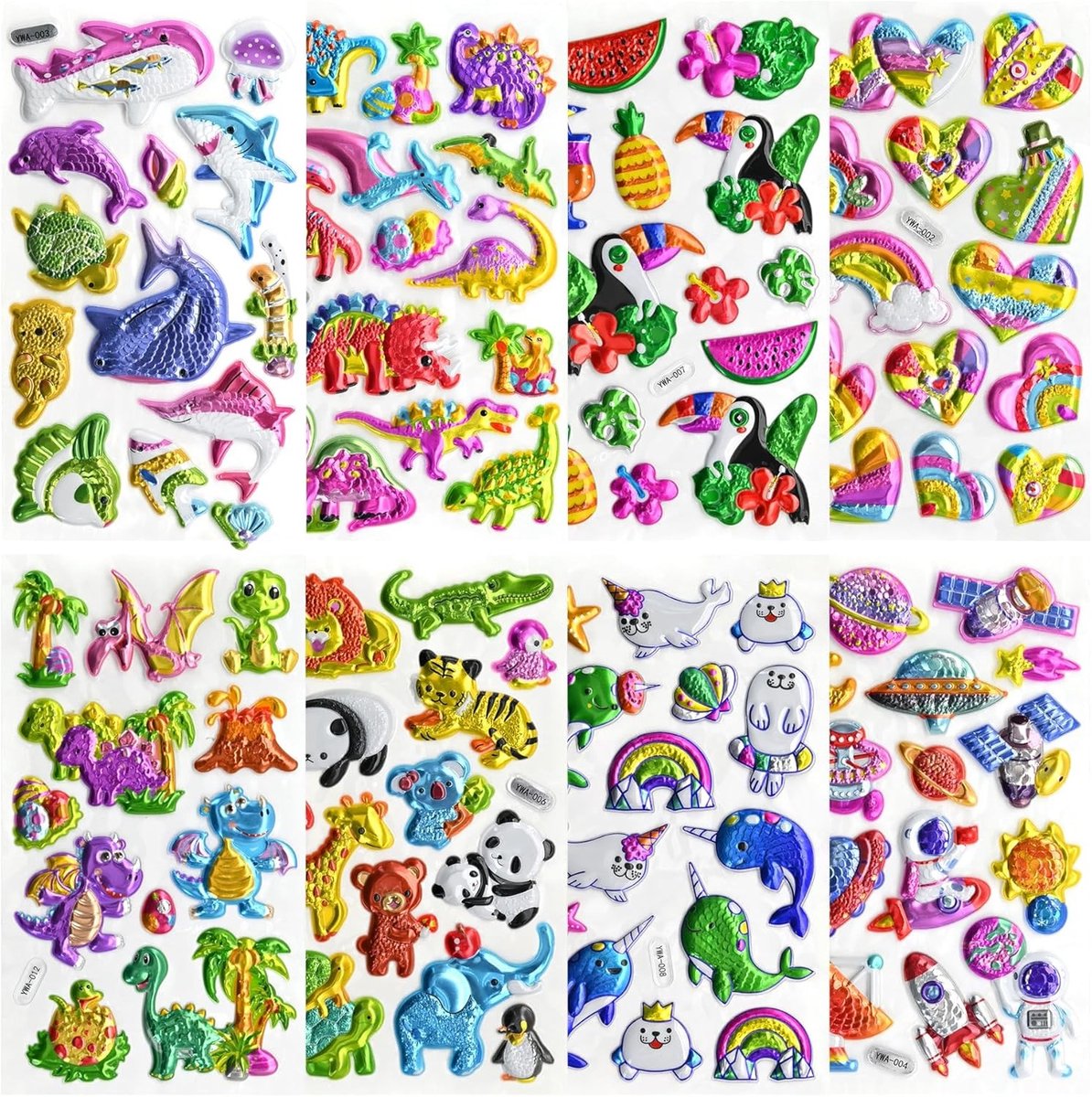 Creatieve 3D Stickers voor Kinderen - 104 Stuks op 8 Vellen voor Scrapbooking, Knutselen en Cadeaus met Dieren, Dinosaurussen en Zeedieren